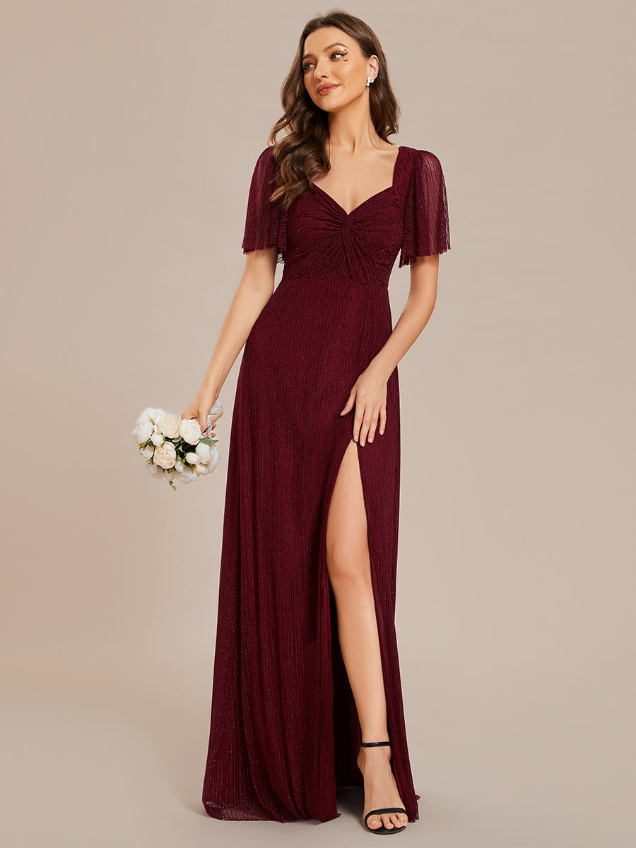 Color=Burgundy | Shiny Maxi Long V-Neck Wholesale Evening Dresses With Short Sleeve-Burgundy 4