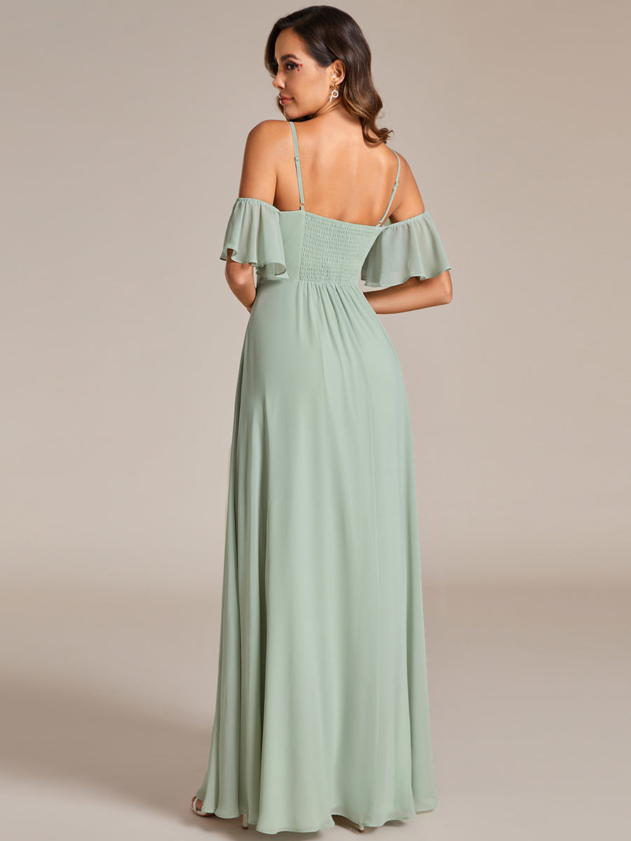 Color=Mint Green | Maxi Long Cold Shoulder Wholesale Bridesmaid Dresses With Short Sleeves-Mint Green 2