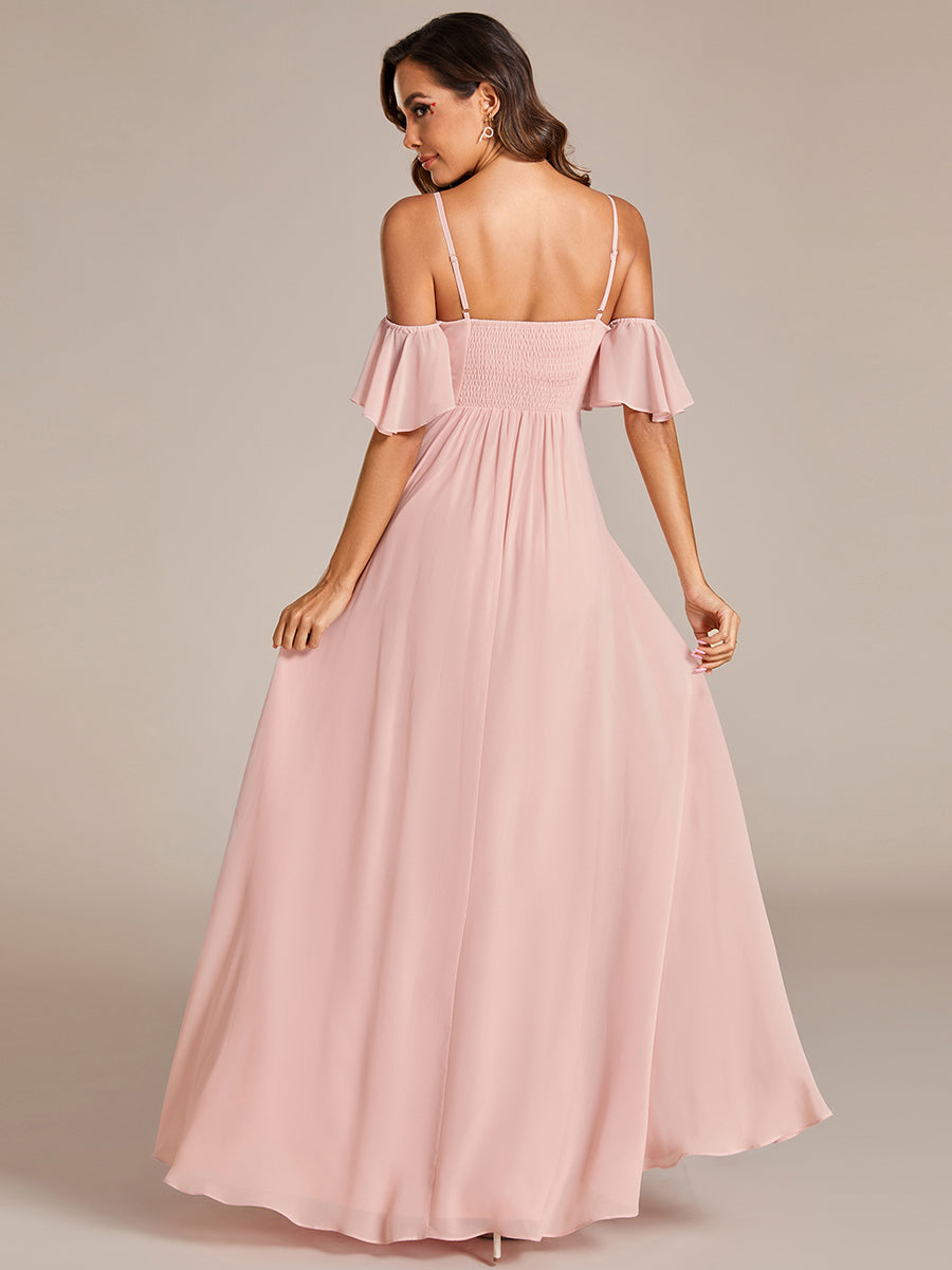 Color=Pink | Maxi Long Cold Shoulder Wholesale Bridesmaid Dresses With Short Sleeves-Pink 9