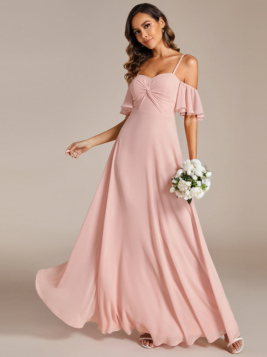 Color=Pink | Maxi Long Cold Shoulder Wholesale Bridesmaid Dresses With Short Sleeves-Pink 8