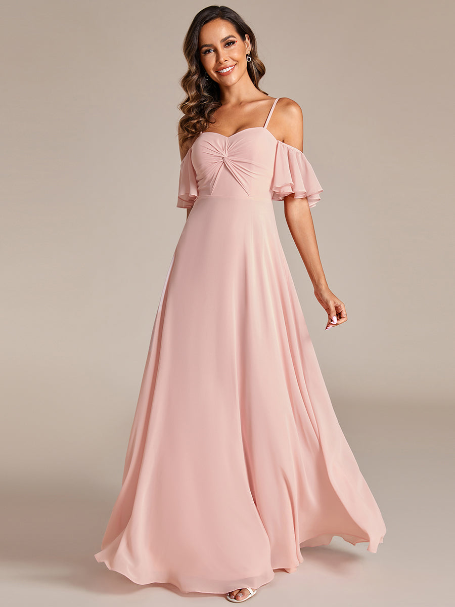 Color=Pink | Maxi Long Cold Shoulder Wholesale Bridesmaid Dresses With Short Sleeves-Pink 10