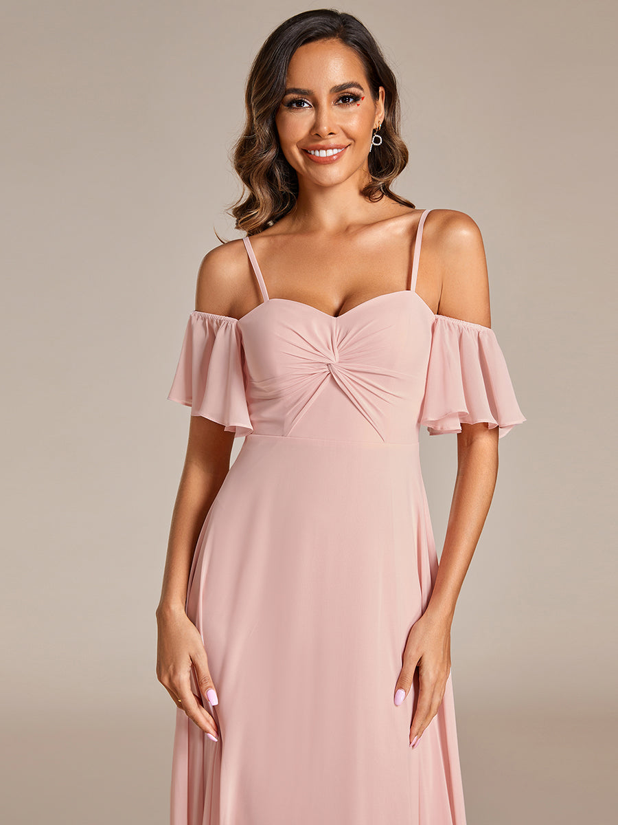 Color=Pink | Maxi Long Cold Shoulder Wholesale Bridesmaid Dresses With Short Sleeves-Pink 