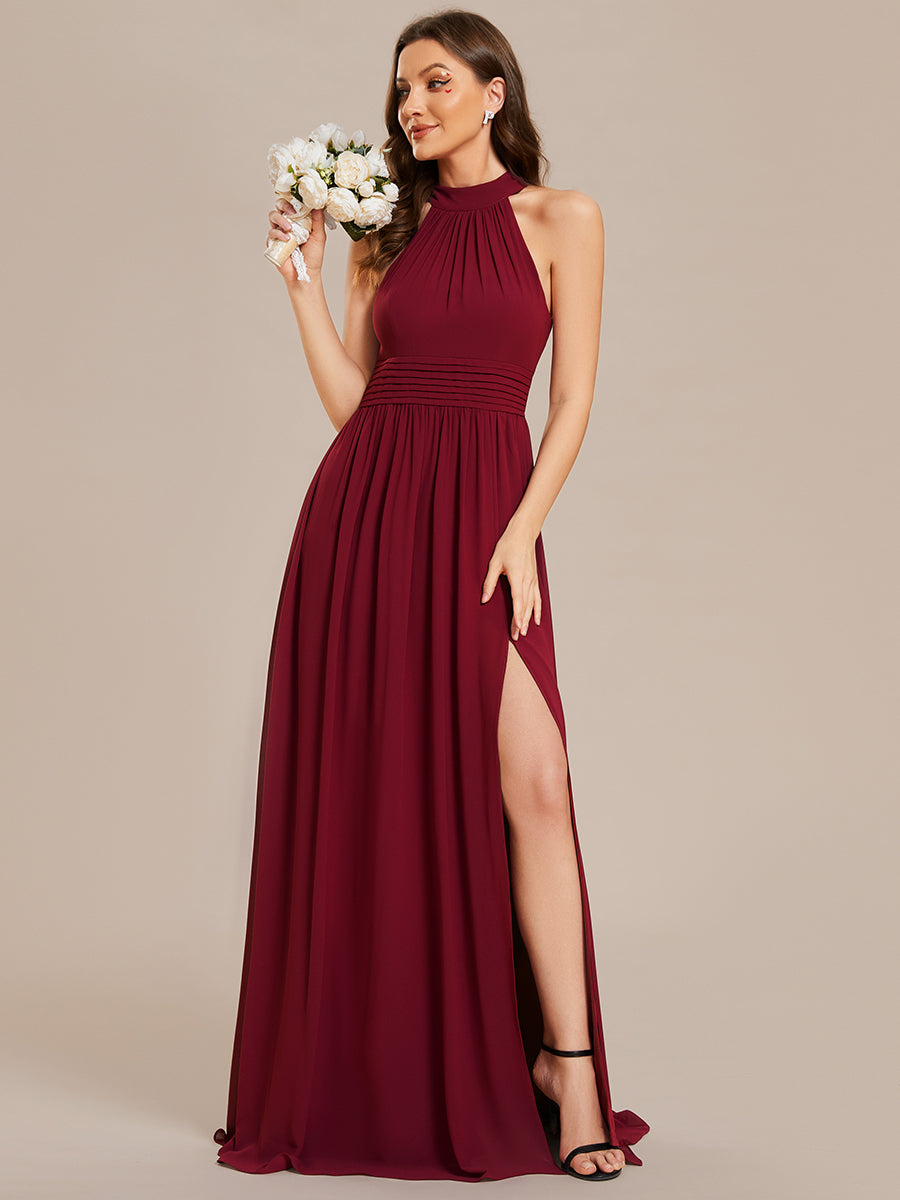 Color=Burgundy | Wholesale Chiffon Halter Neckline Sleeveless Evening Dresses-Burgundy 4