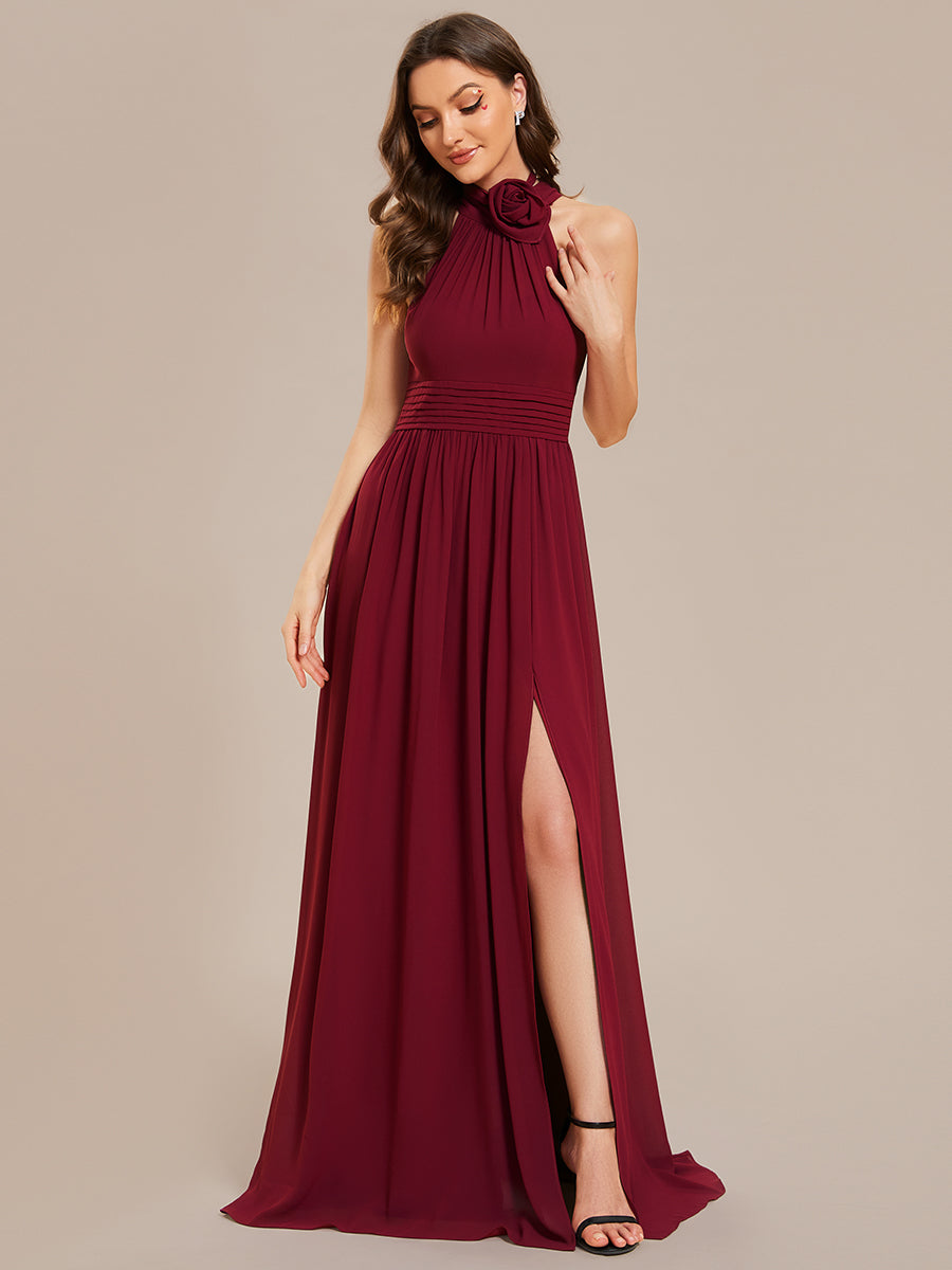 Color=Burgundy | Wholesale Chiffon Halter Neckline Sleeveless Evening Dresses-Burgundy 1