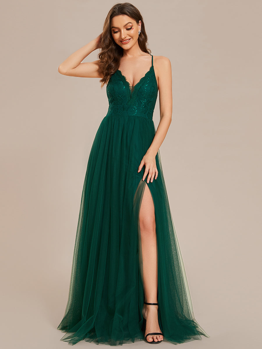 Color=Dark Green | Sleeveless Embroidery Floor Length V Neck Wholesale Evening Dress with Spaghetti Straps-Dark Green 1