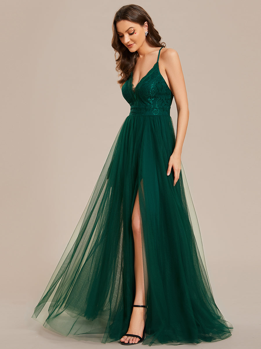 Color=Dark Green | Sleeveless Embroidery Floor Length V Neck Wholesale Evening Dress with Spaghetti Straps-Dark Green 3