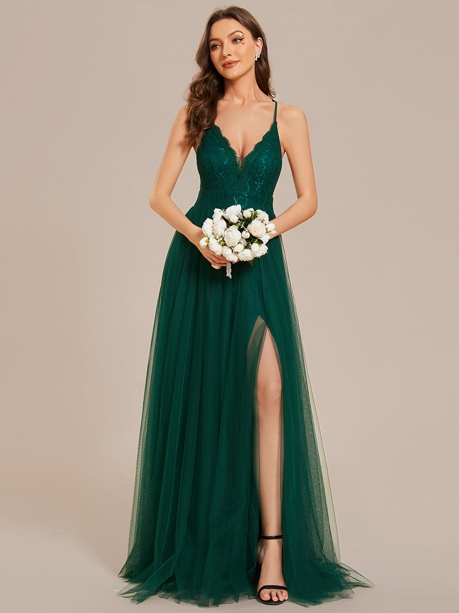 Color=Dark Green | Sleeveless Embroidery Floor Length V Neck Wholesale Evening Dress with Spaghetti Straps-Dark Green 2