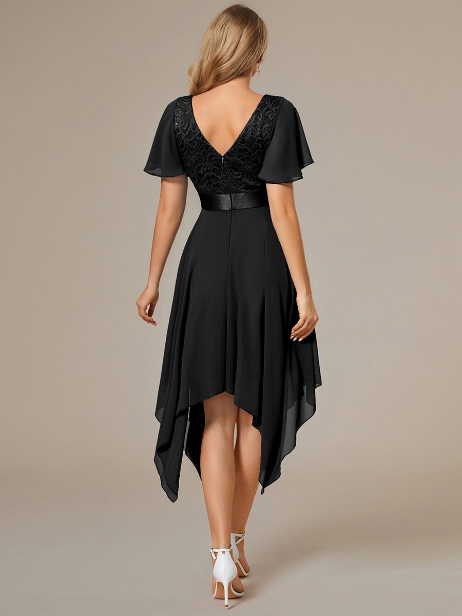 Color=Black | Deep V Neck Chiffon Wholesale Evening Gown With Short Sleeves-Black 2