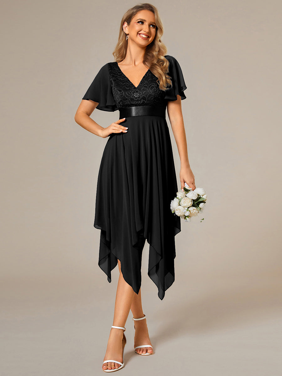 Color=Black | Deep V Neck Chiffon Wholesale Evening Gown With Short Sleeves-Black 5