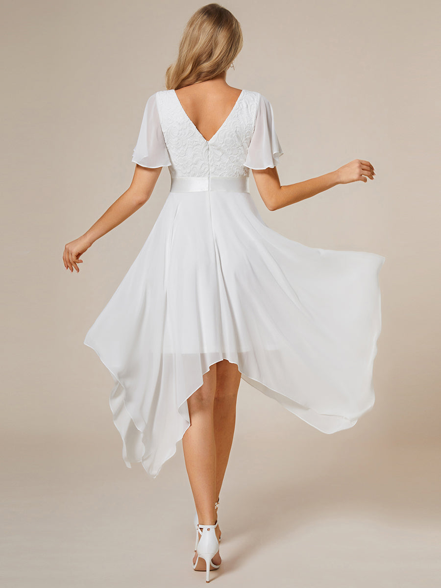 Color=Cream | Deep V Neck Chiffon Wholesale Evening Gown With Short Sleeves-Cream 5