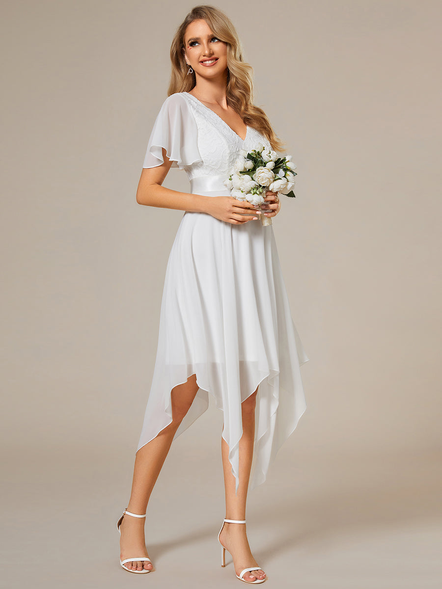 Color=Cream | Deep V Neck Chiffon Wholesale Evening Gown With Short Sleeves-Cream 3