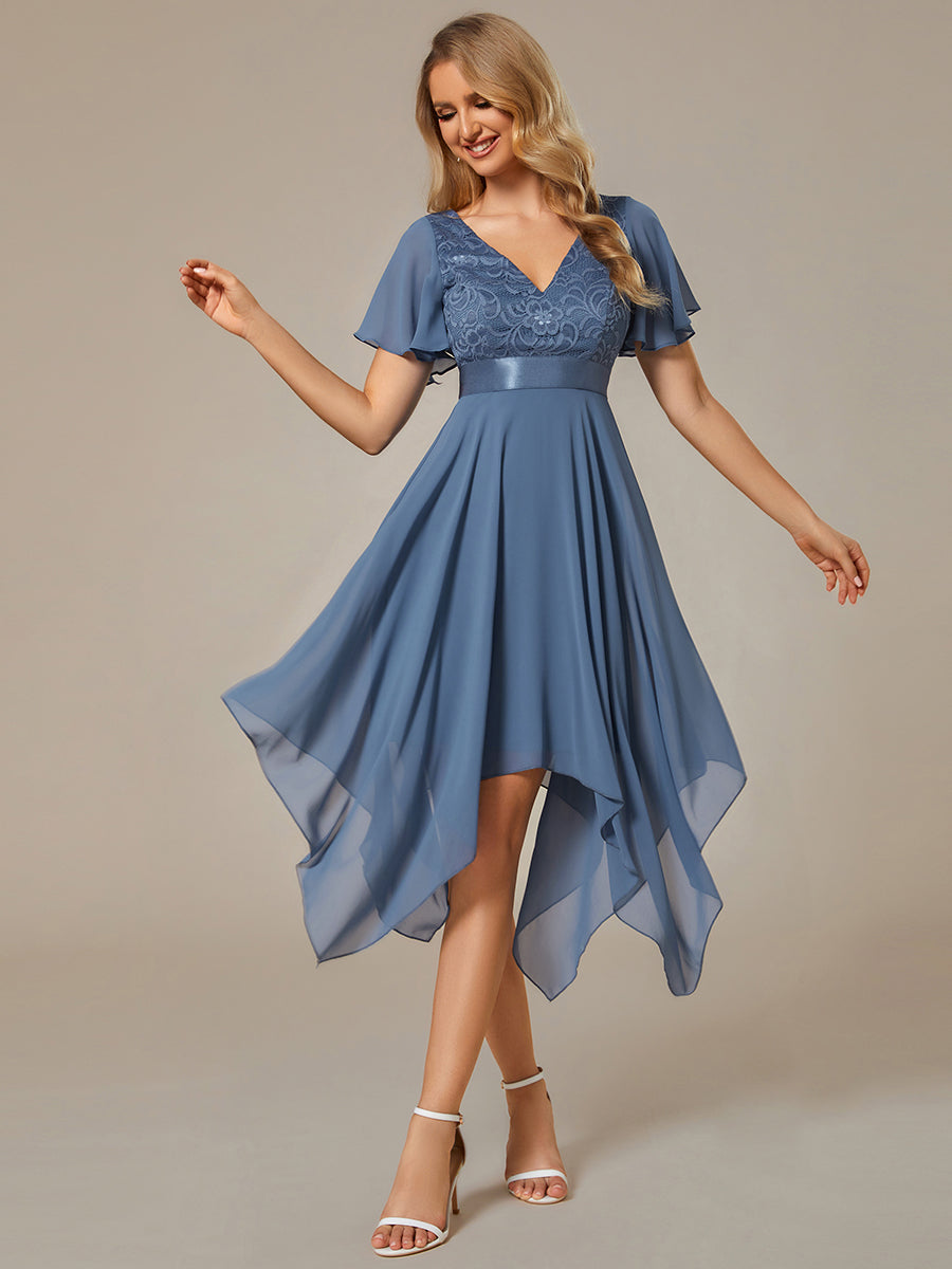 Color=Dusty Navy | Deep V Neck Chiffon Wholesale Evening Gown With Short Sleeves-Dusty Navy 1