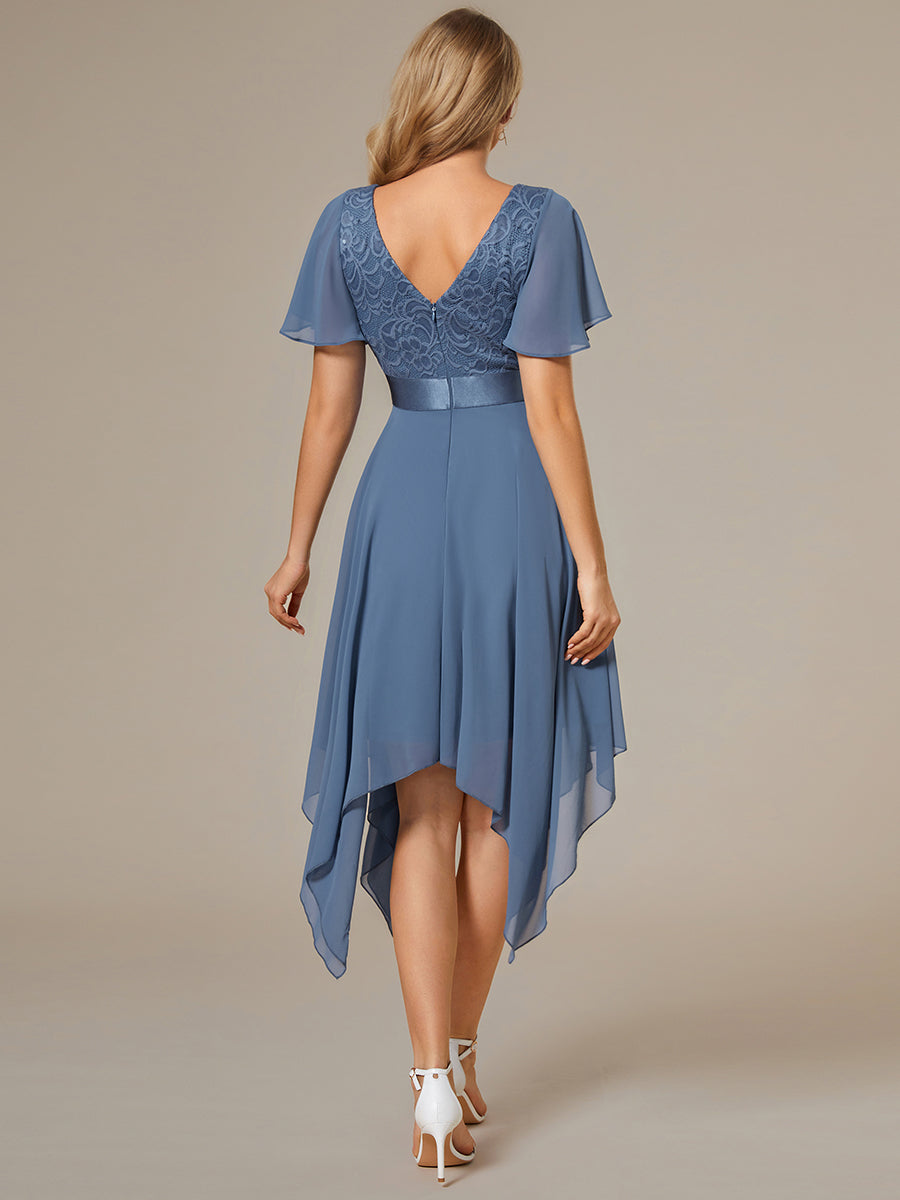 Color=Dusty Navy | Deep V Neck Chiffon Wholesale Evening Gown With Short Sleeves-Dusty Navy 2