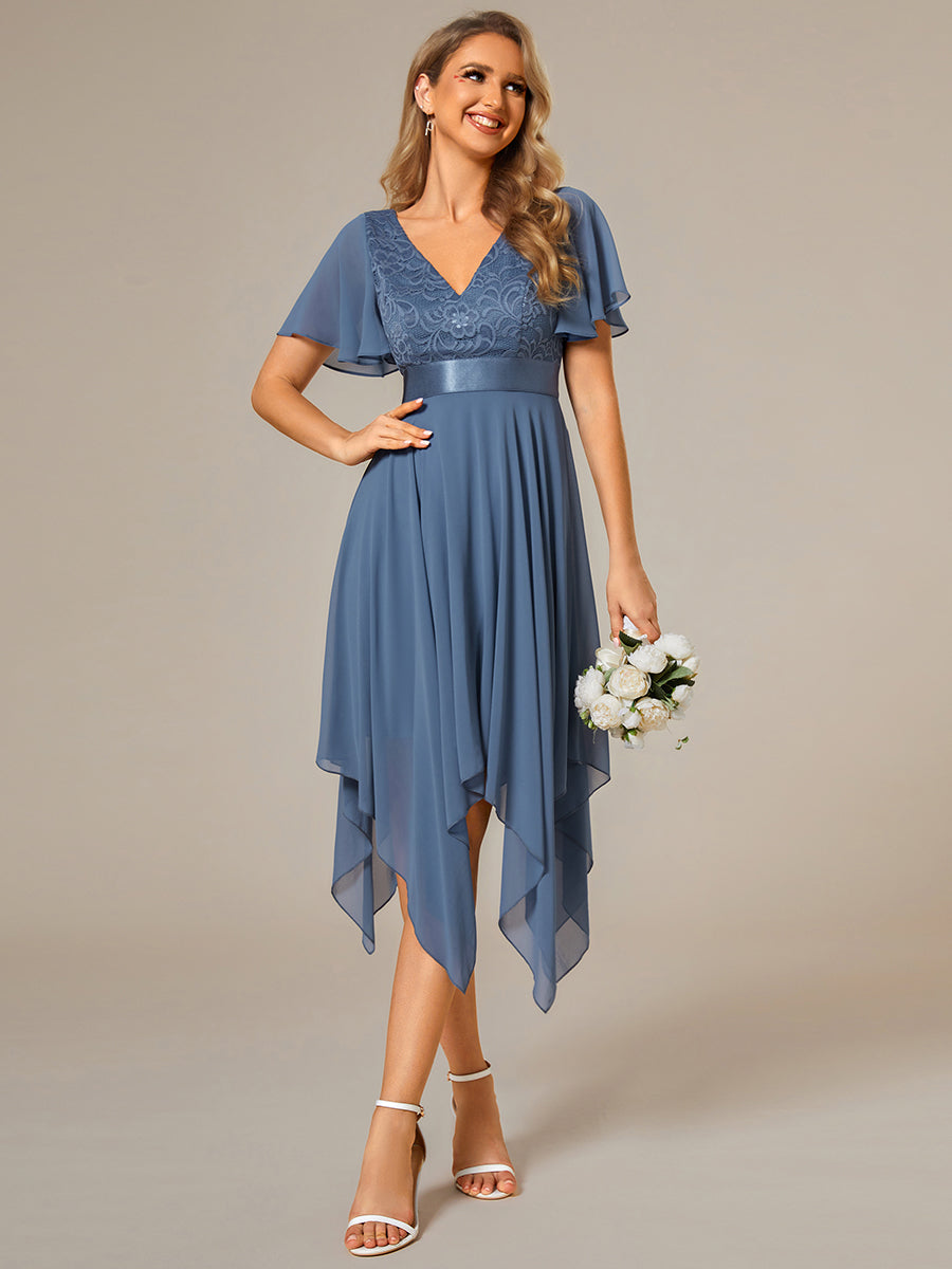 Color=Dusty Navy | Deep V Neck Chiffon Wholesale Evening Gown With Short Sleeves-Dusty Navy 4