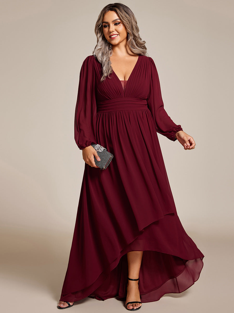 Color=Burgundy | Plus Maxi Long Chiffon Wholesale Evening Dresses With Long Sleeves-Burgundy 1