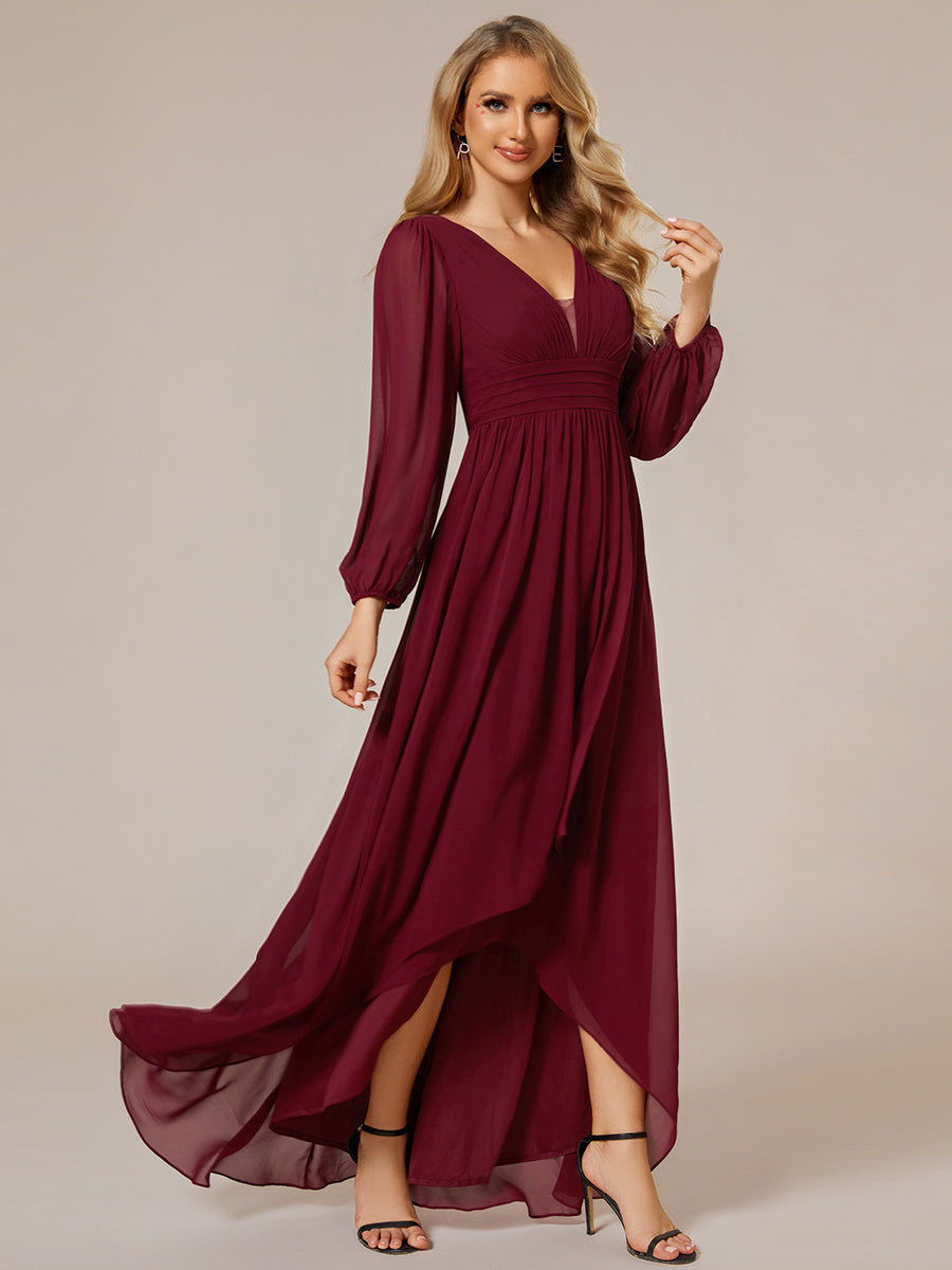 Color=Burgundy | Maxi Long Chiffon Wholesale Evening Dresses With Long Sleeves-Burgundy 1