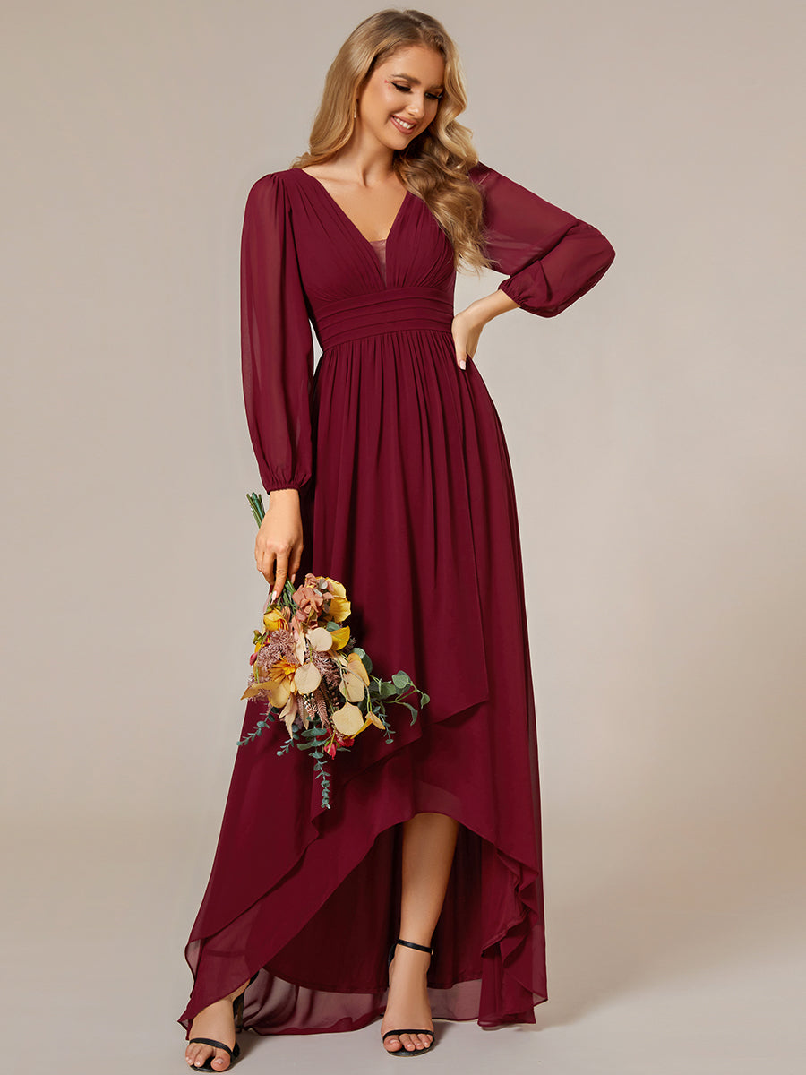 Color=Burgundy | Maxi Long Chiffon Wholesale Evening Dresses With Long Sleeves-Burgundy 1
