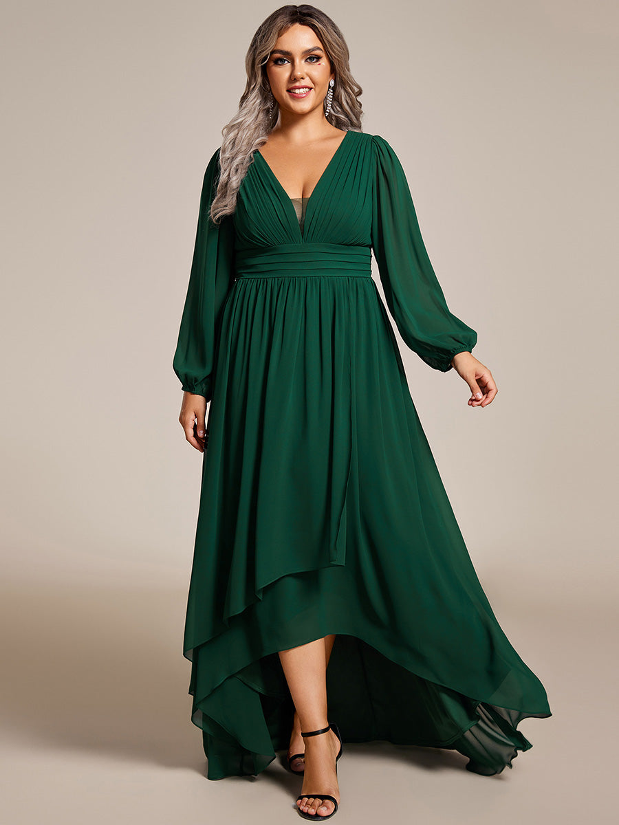 Color=Dark Green | Plus Maxi Long Chiffon Wholesale Evening Dresses With Long Sleeves-Dark Green 2