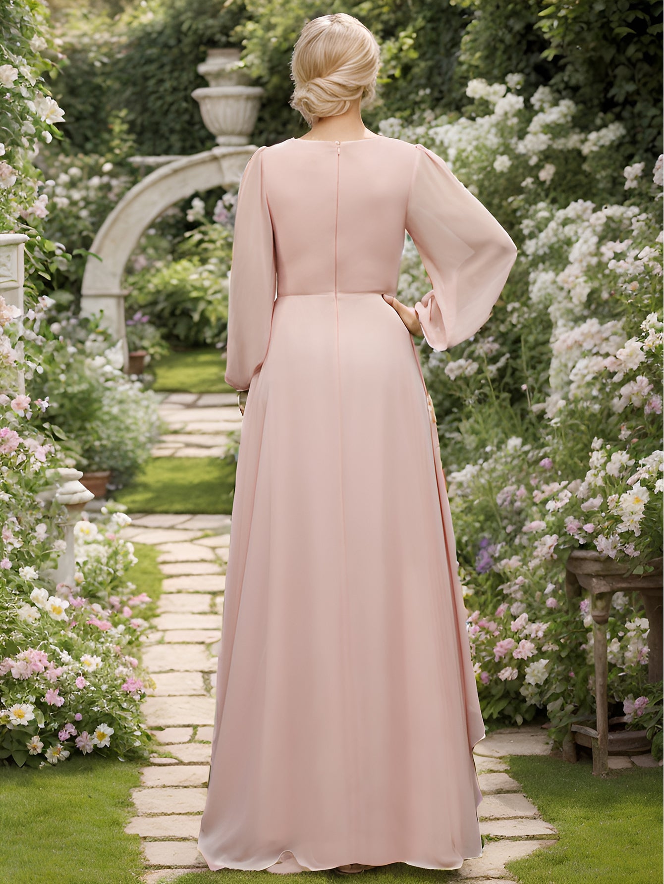 Color=Pink | Maxi Long Chiffon Wholesale Evening Dresses With Long Sleeves-Pink 4