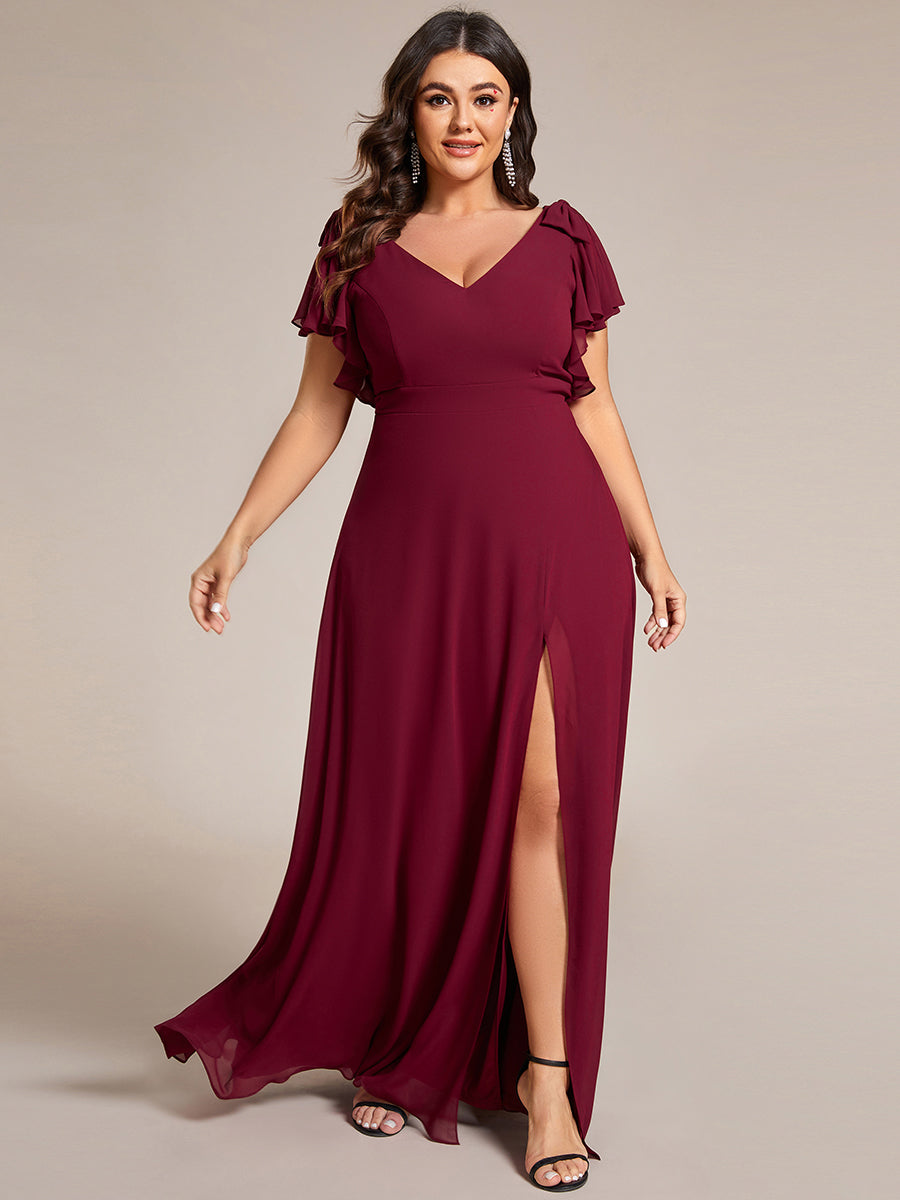 Color=Burgundy | Plus Split Ruffles Sleeves with Bowknot V-neck Chiffon Bridesmaid Dress-Burgundy