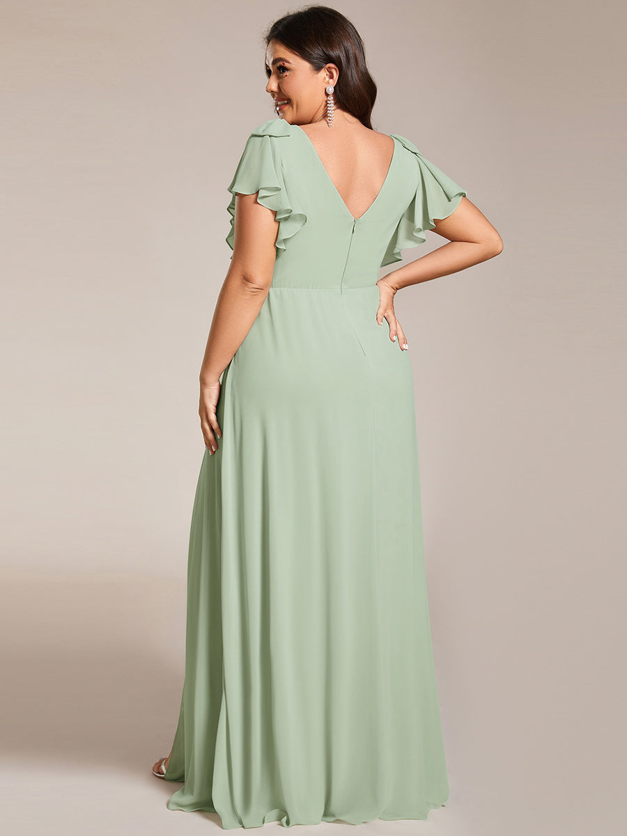 Color=Mint Green | Plus Split Ruffles Sleeves with Bowknot V-neck Chiffon Bridesmaid Dress-Mint Green