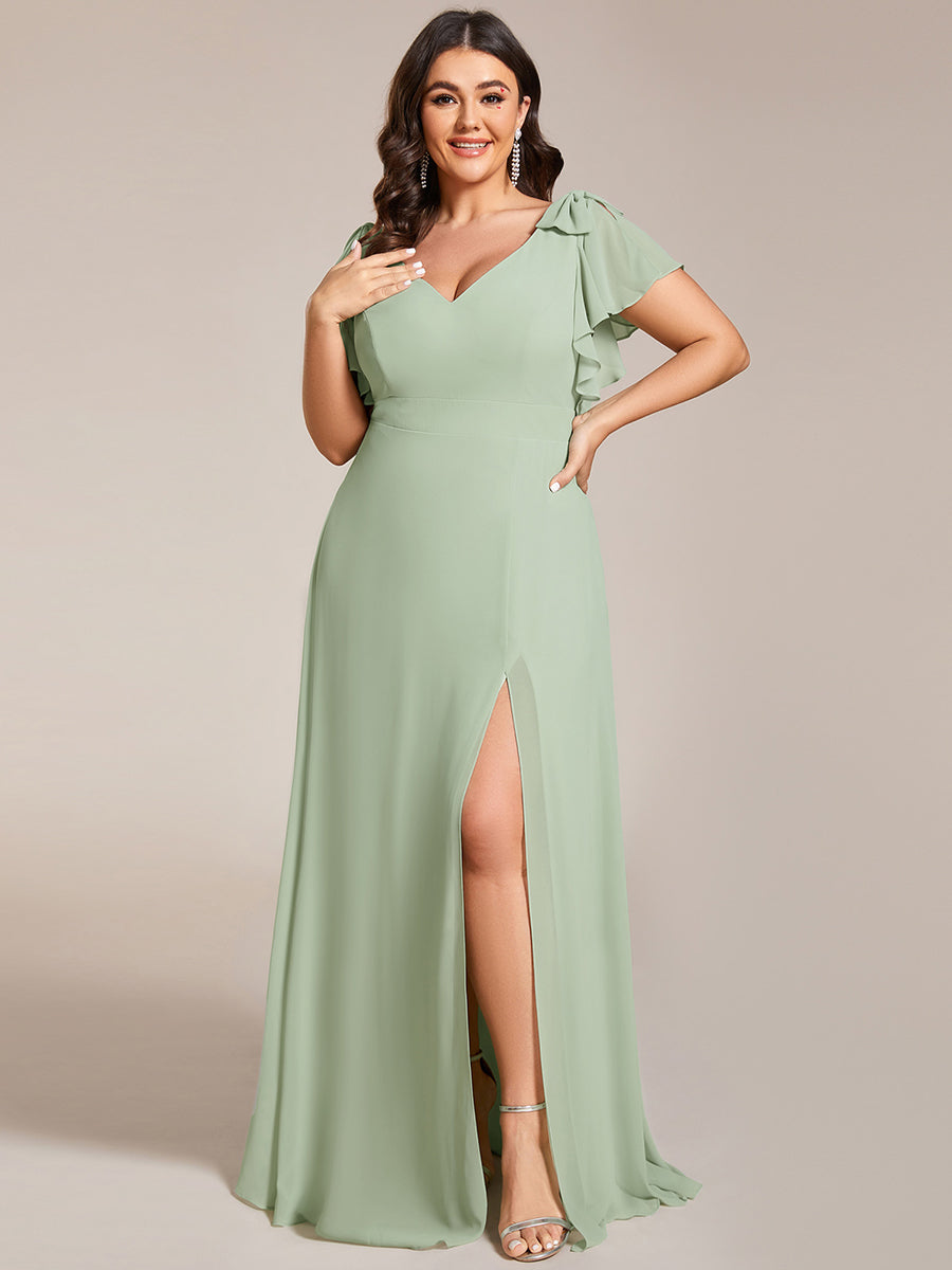 Color=Mint Green | Plus Split Ruffles Sleeves with Bowknot V-neck Chiffon Bridesmaid Dress-Mint Green