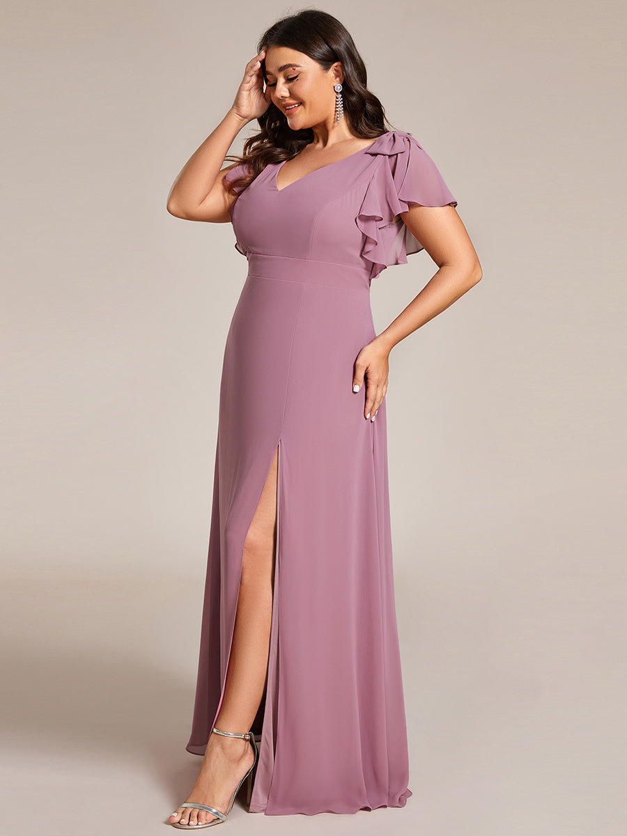 Color=Orchid | Plus Split Ruffles Sleeves with Bowknot V-neck Chiffon Bridesmaid Dress-Orchid