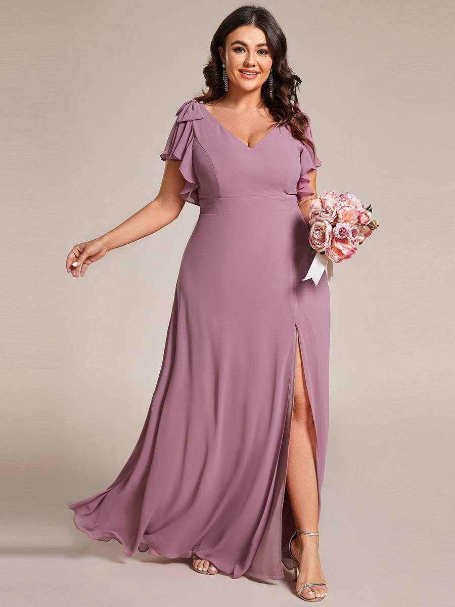 Color=Orchid | Plus Split Ruffles Sleeves with Bowknot V-neck Chiffon Bridesmaid Dress-Orchid