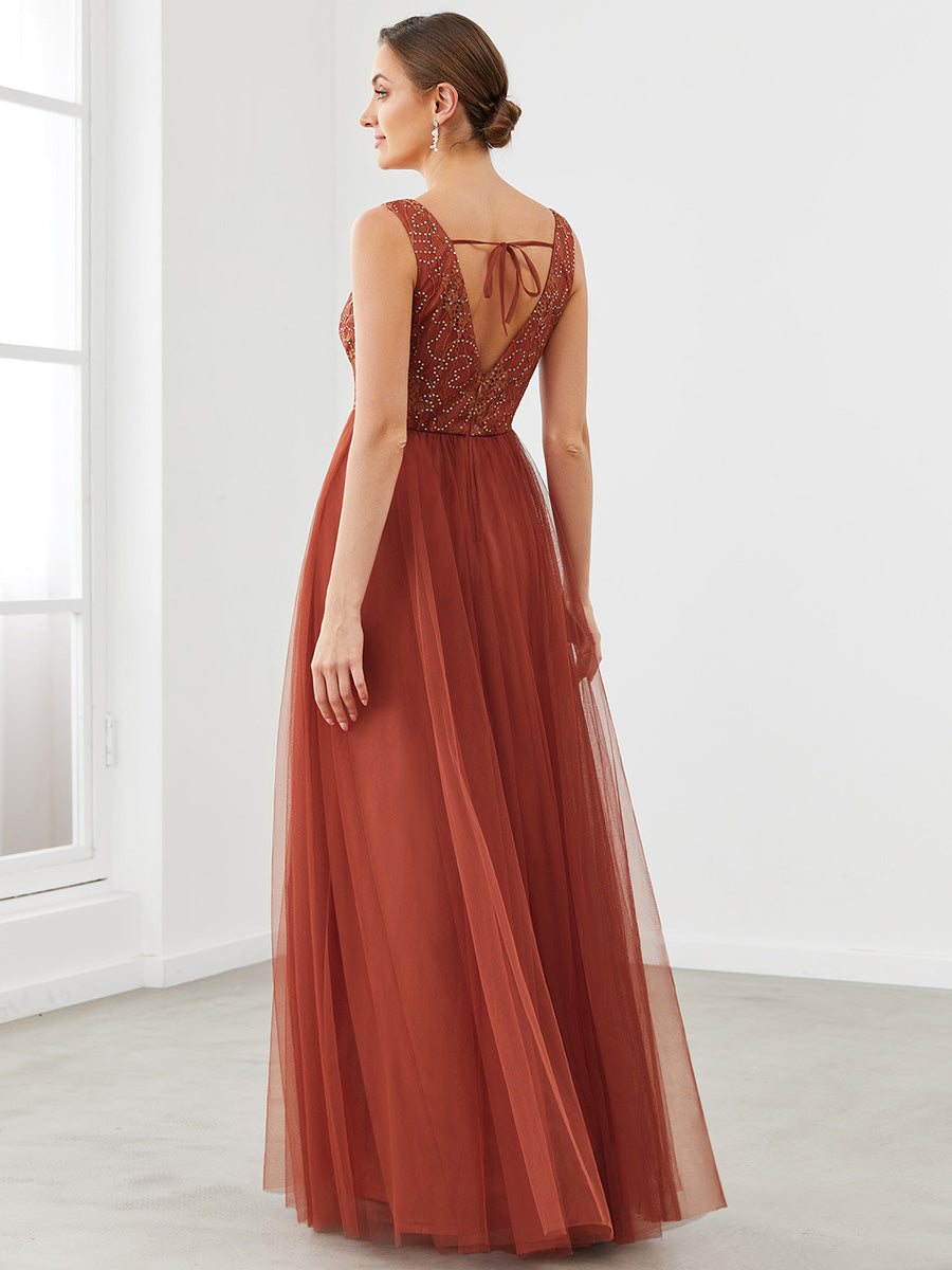 Color=brick-red | Backless Deep V Neck Sleeveless A Line Wholesale Bridesmaid Dresses-brick-red 2