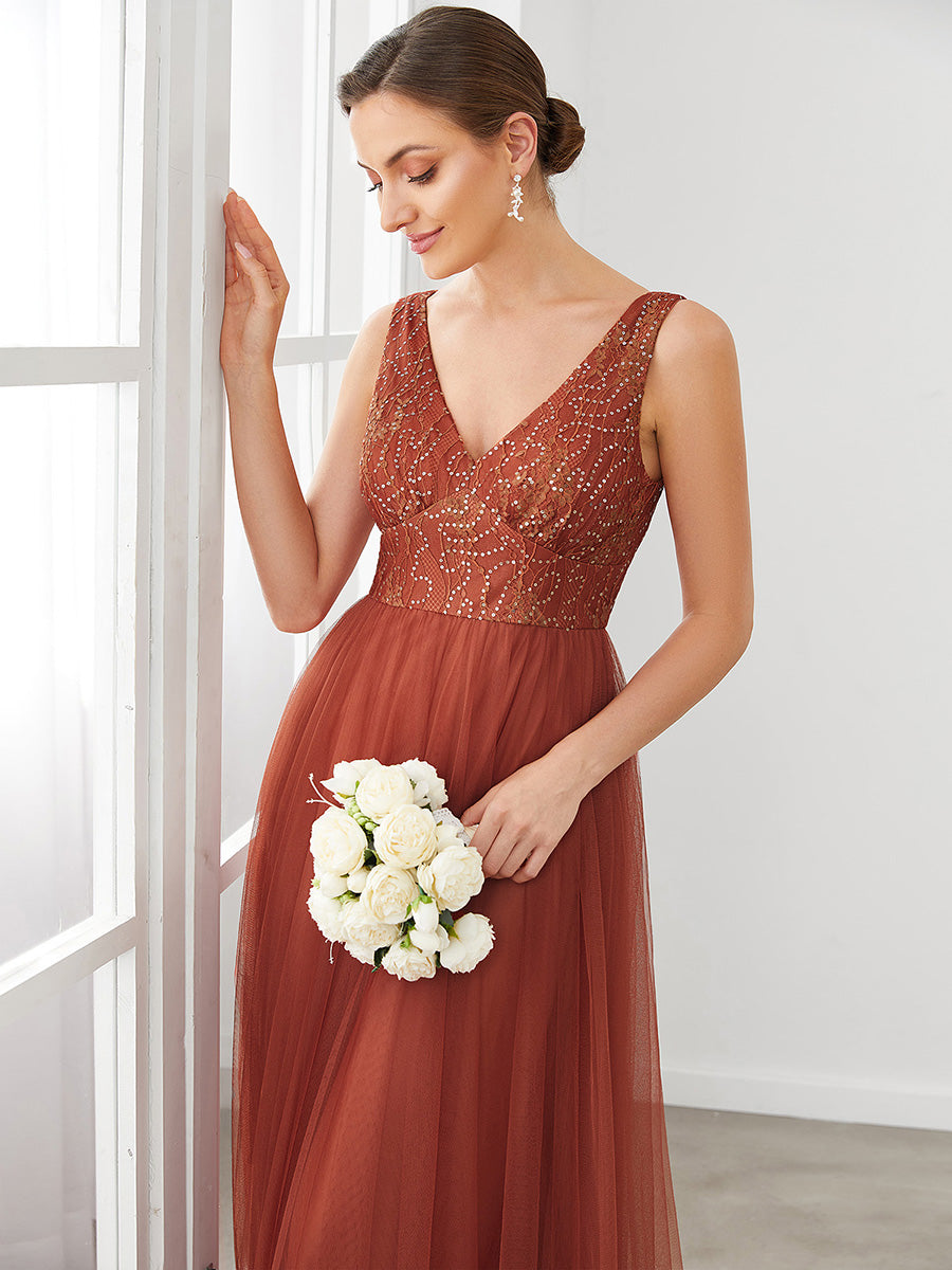 Color=brick-red | Backless Deep V Neck Sleeveless A Line Wholesale Bridesmaid Dresses-brick-red 5