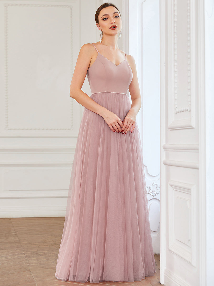 Color=Dusty Rose | A Line Deep V Neck Spaghetti Straps Wholesale Bridesmaid Dresses-Dusty Rose 1