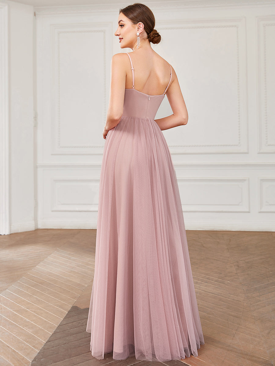 Color=Dusty Rose | A Line Deep V Neck Spaghetti Straps Wholesale Bridesmaid Dresses-Dusty Rose 2