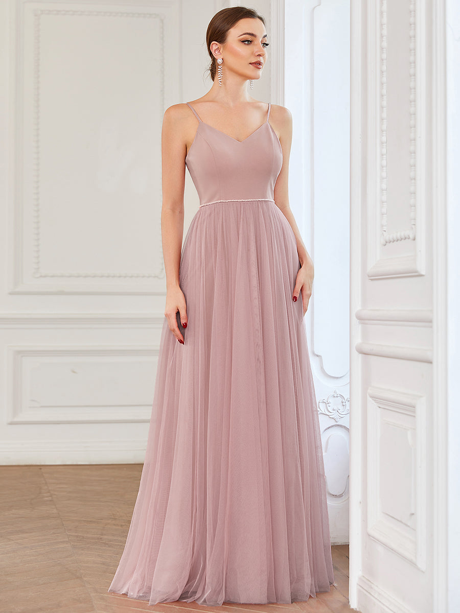 Color=Dusty Rose | A Line Deep V Neck Spaghetti Straps Wholesale Bridesmaid Dresses-Dusty Rose 4