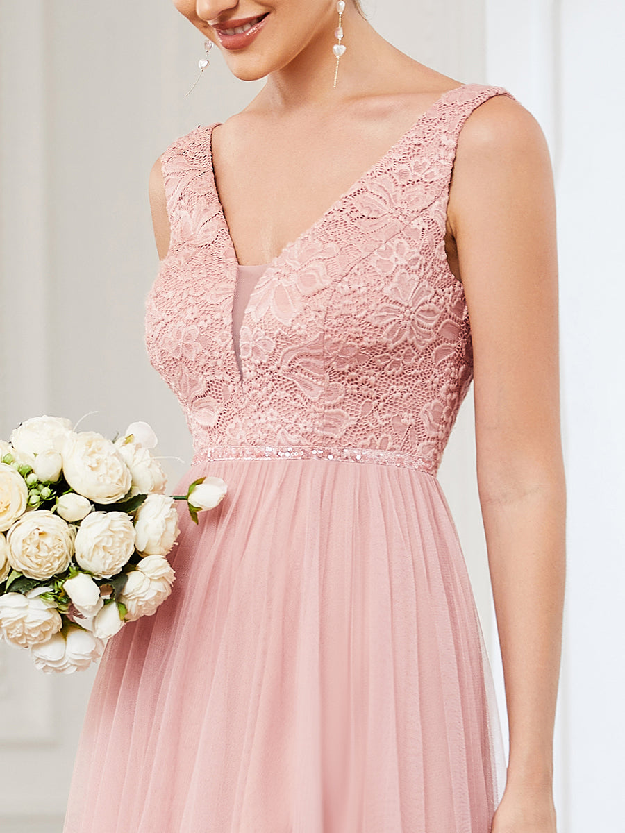 Color=Pink | Sleeveless Asymmetrical Hem Wholesale Bridesmaid Dresses with V Neck-Pink 5