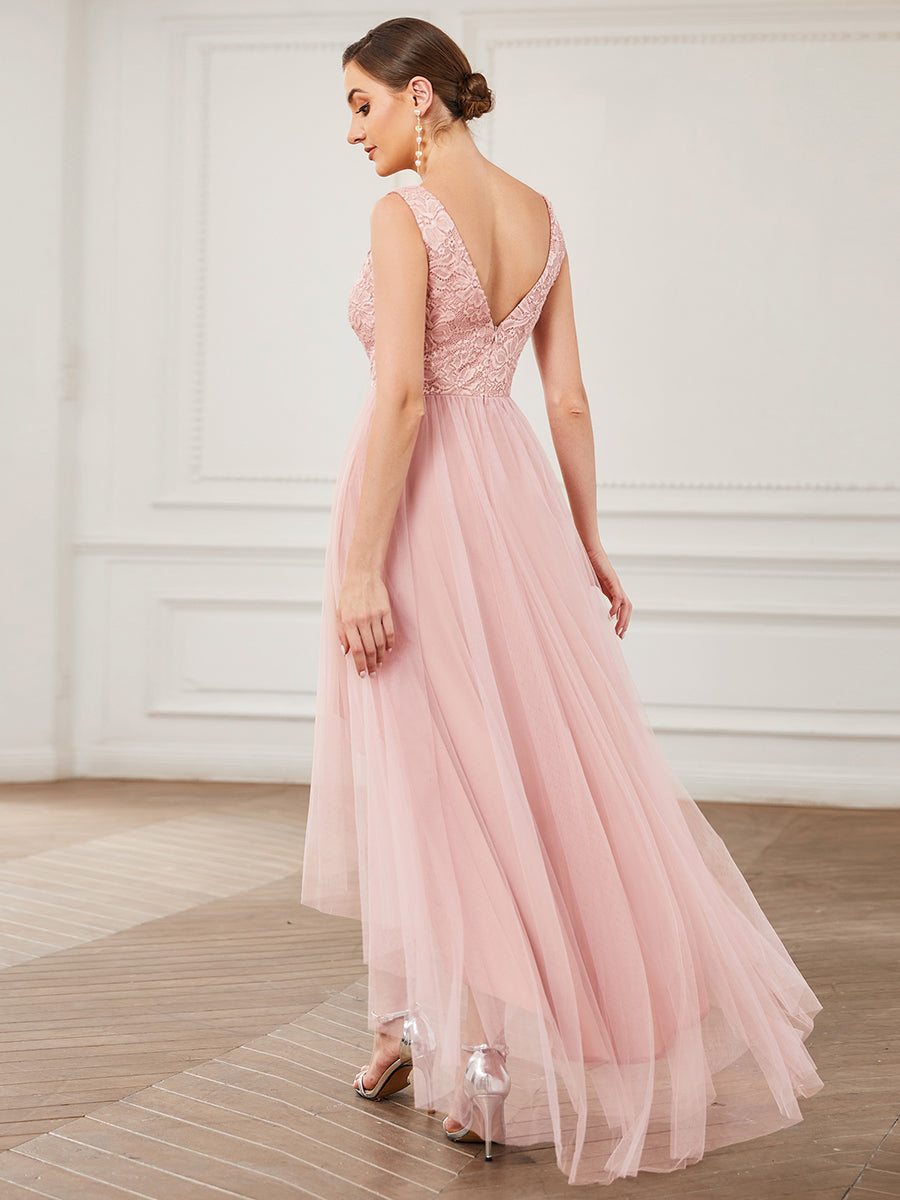 Color=Pink | Sleeveless Asymmetrical Hem Wholesale Bridesmaid Dresses with V Neck-Pink 2