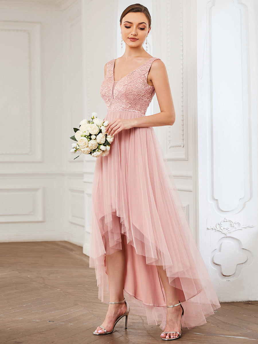 Color=Pink | Sleeveless Asymmetrical Hem Wholesale Bridesmaid Dresses with V Neck-Pink 3