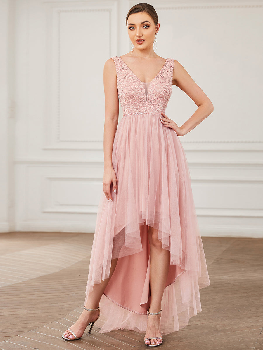 Color=Pink | Sleeveless Asymmetrical Hem Wholesale Bridesmaid Dresses with V Neck-Pink 4
