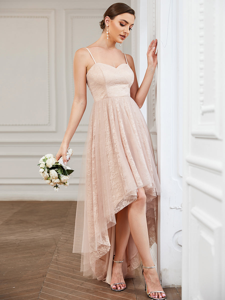 Color=Blush | Spaghetti Straps A Line Asymmetrical Hem Wholesale Bridesmaid Dresses-Blush 3