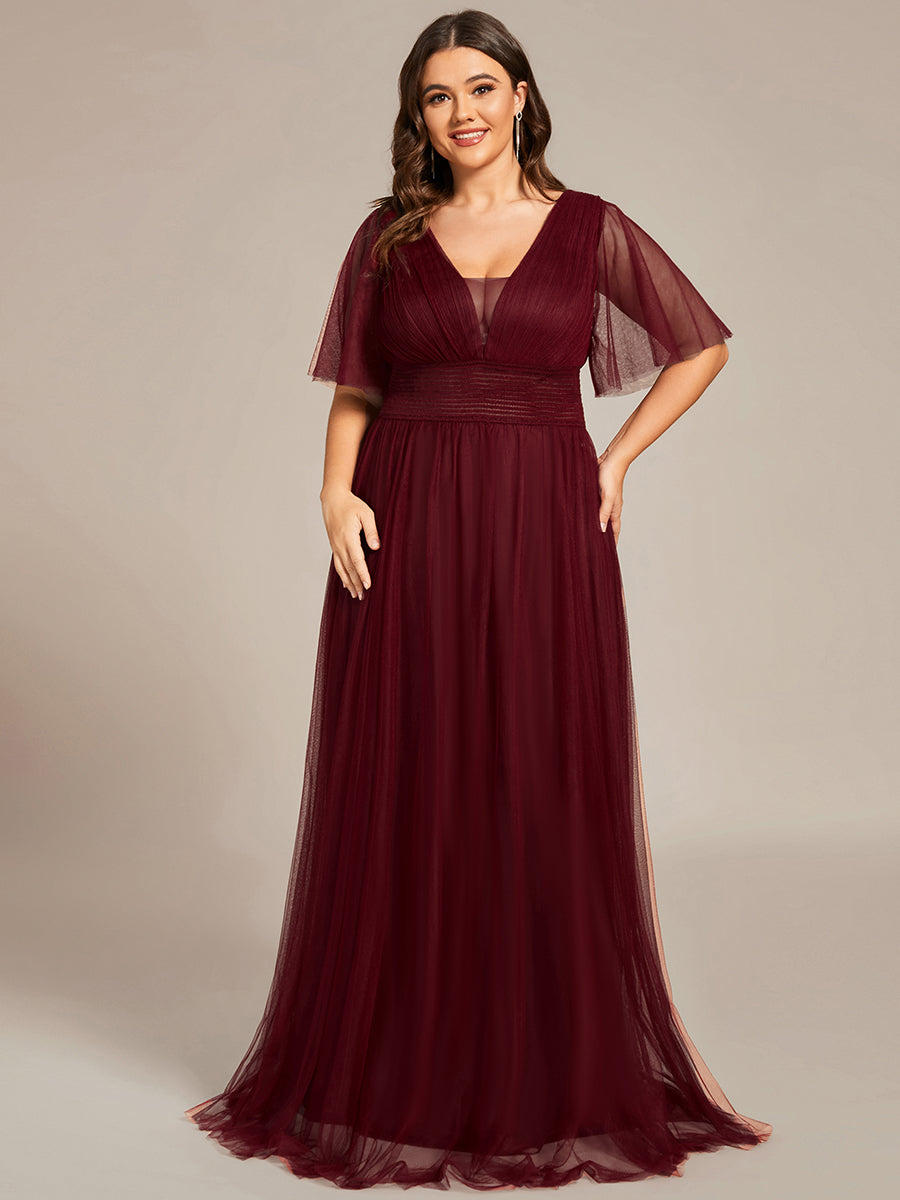 Color=Burgundy | Deep V-Neck Short Ruffles Sleeves A Line Wholesale Bridesmaid Dresses-Burgundy 1