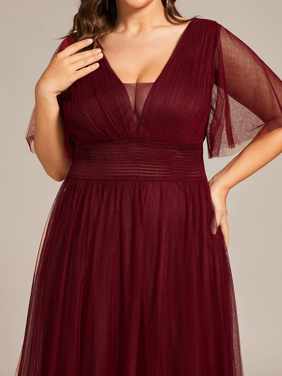 Color=Burgundy | Deep V-Neck Short Ruffles Sleeves A Line Wholesale Bridesmaid Dresses-Burgundy 5