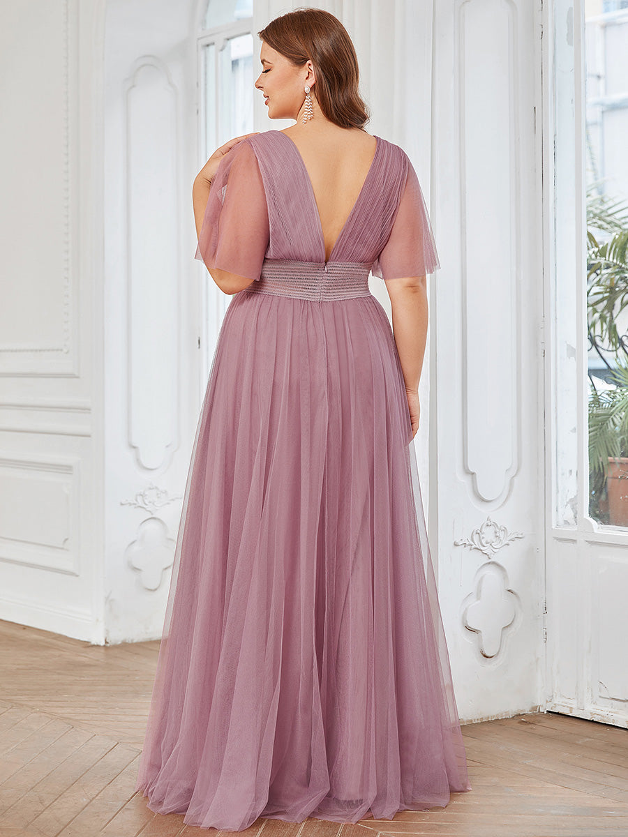 Color=Orchid | Deep V-Neck Short Ruffles Sleeves A Line Wholesale Bridesmaid Dresses-Orchid 2