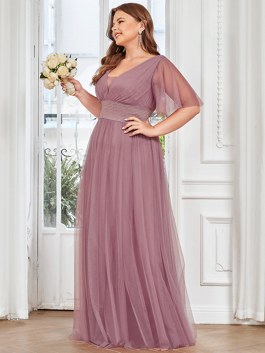 Color=Orchid | Deep V-Neck Short Ruffles Sleeves A Line Wholesale Bridesmaid Dresses-Orchid 3