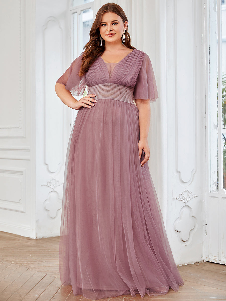 Color=Orchid | Deep V-Neck Short Ruffles Sleeves A Line Wholesale Bridesmaid Dresses-Orchid 4