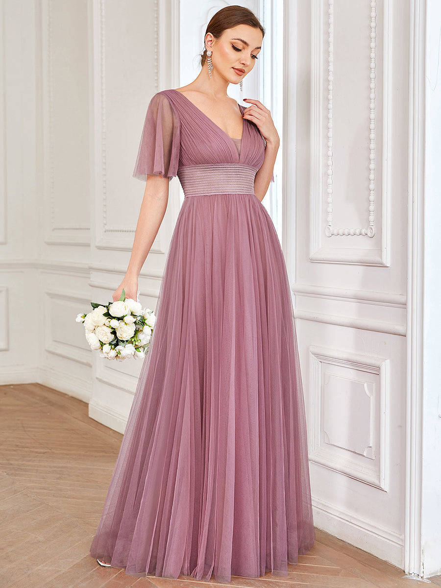 Color=Orchid | Deep V-Neck Short Ruffles Sleeves A Line Wholesale Bridesmaid Dresses-Orchid 3