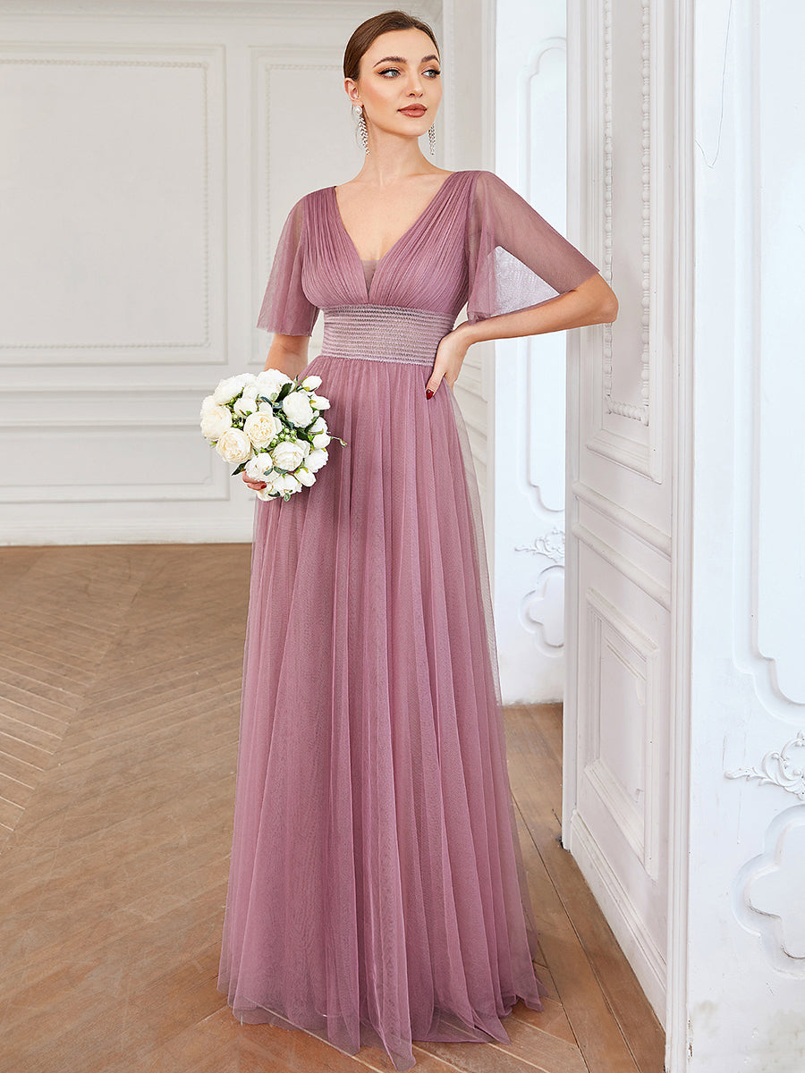 Color=Orchid | Deep V-Neck Short Ruffles Sleeves A Line Wholesale Bridesmaid Dresses-Orchid 4