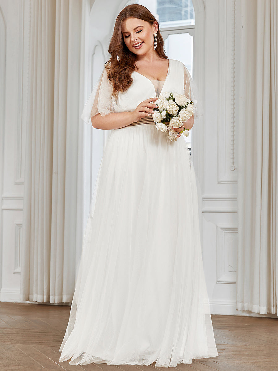 Color=White | Deep V-Neck Short Ruffles Sleeves A Line Wholesale Bridesmaid Dresses-White 1