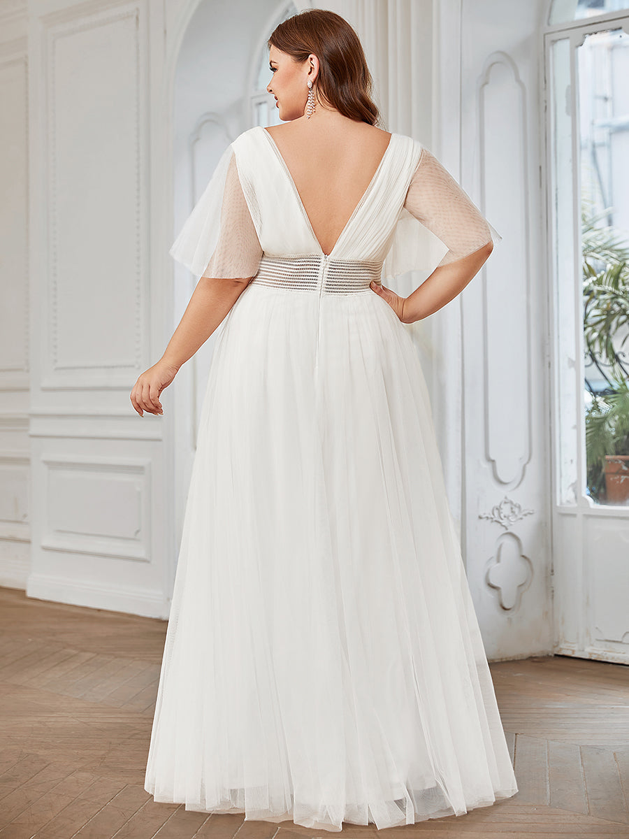 Color=White | Deep V-Neck Short Ruffles Sleeves A Line Wholesale Bridesmaid Dresses-White 2