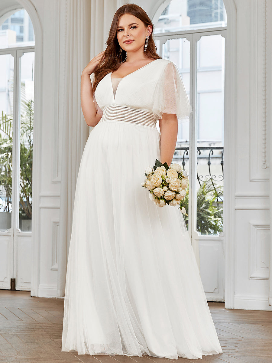 Color=White | Deep V-Neck Short Ruffles Sleeves A Line Wholesale Bridesmaid Dresses-White 4