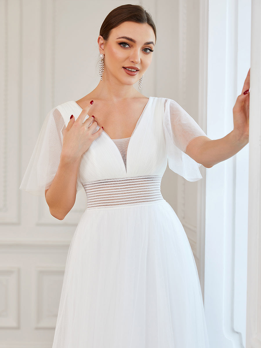 Color=White | Deep V-Neck Short Ruffles Sleeves A Line Wholesale Bridesmaid Dresses-White 5