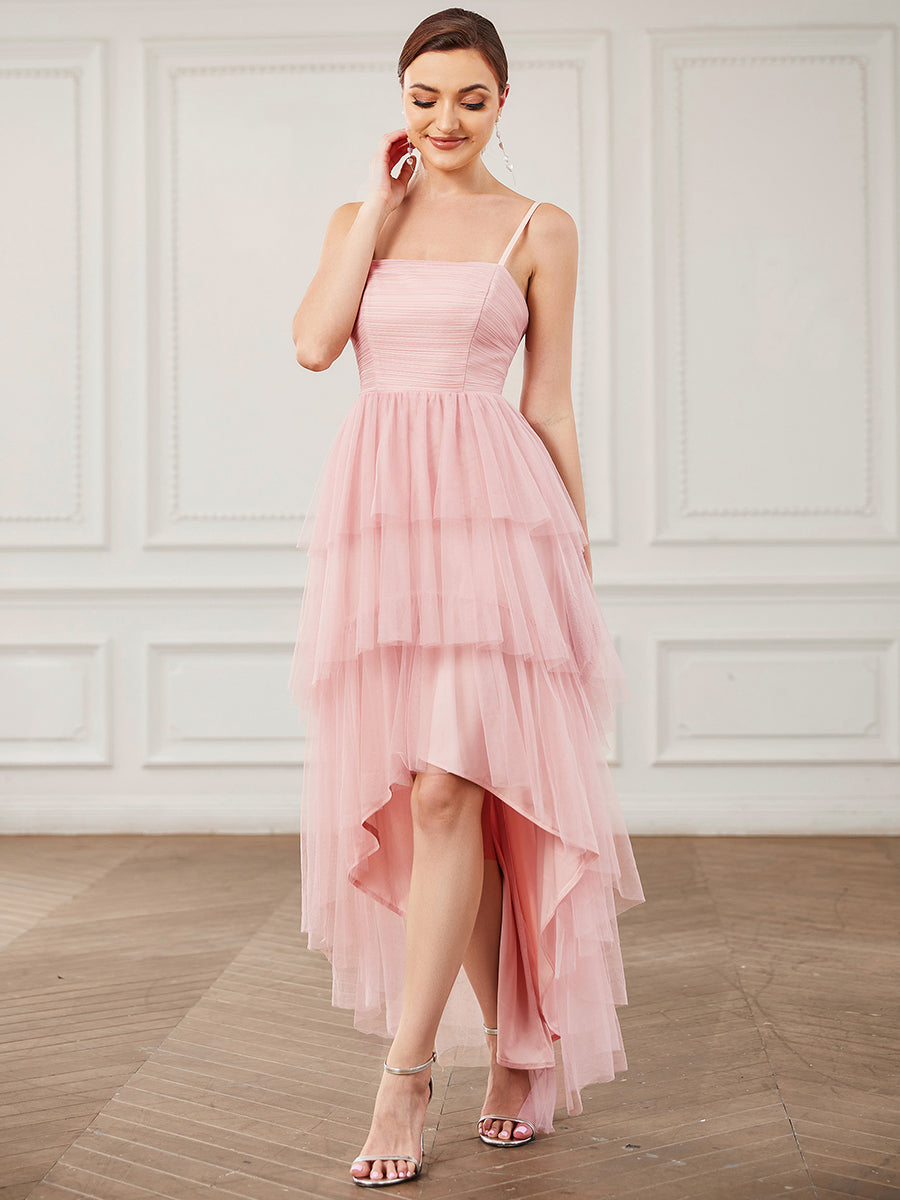 Color=Pink | Spaghetti Straps Multi-Layered Hem Wholesale Bridesmaid Dresses-Pink 1
